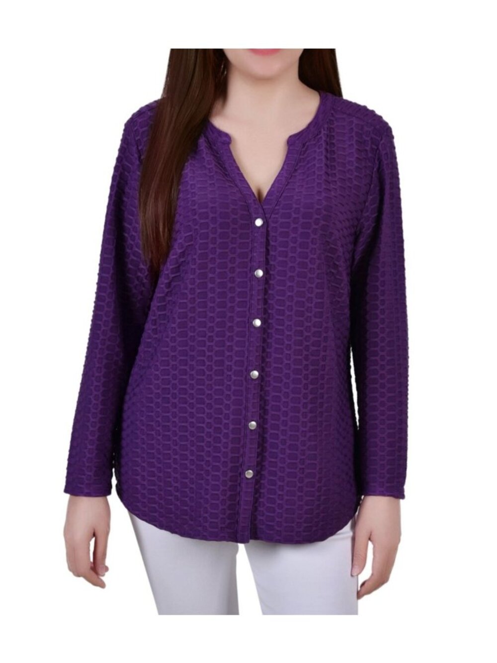 NY Collection Womens Petite Long Sleeve Honeycomb Tunic Top Purple Size PL NWT